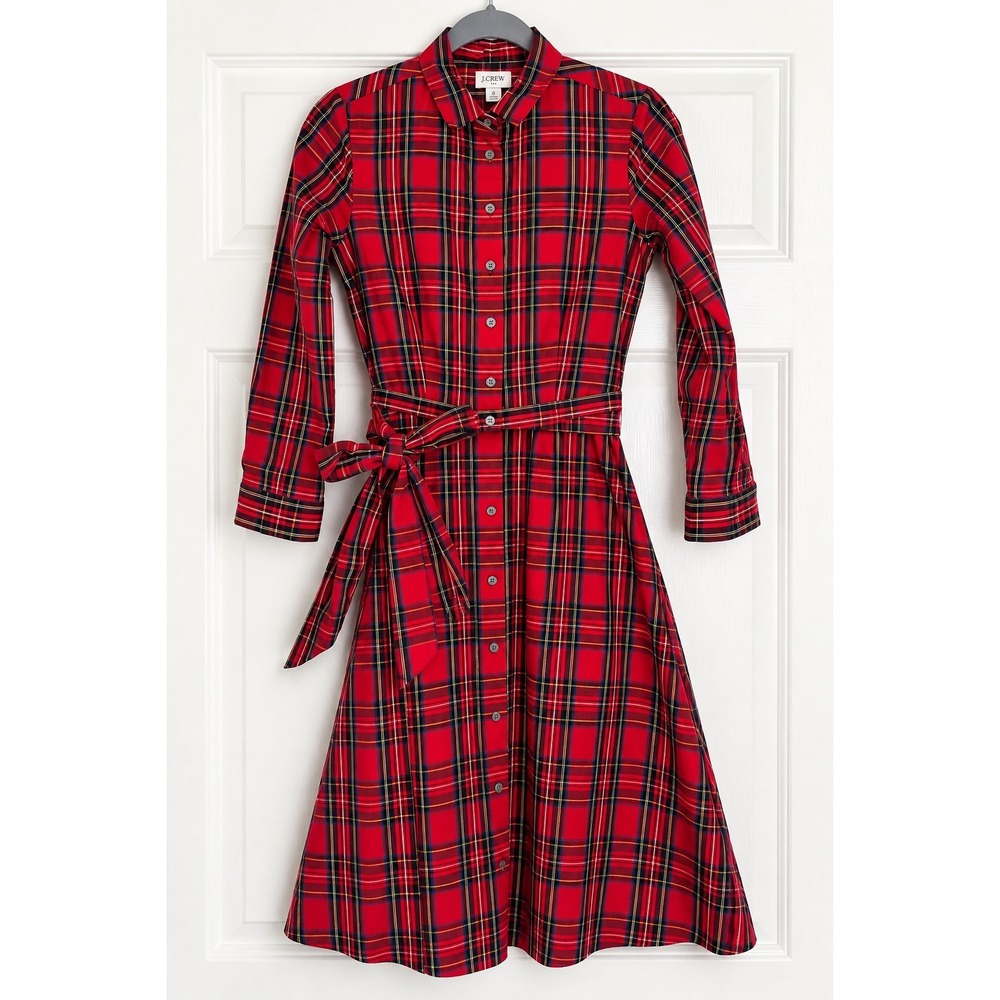 J.Crew Womens Size 2 Red Tartan Plaid Shirt Dress Belted Cotton Holiday Preppy
